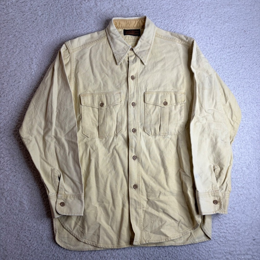 Vintage Eddie Bauer Chamois Yellow Heavy Cotton Flannel Shirt Mens USA 90s